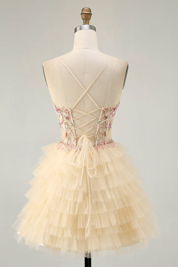 Apricot Spaghetti Straps Corset A Line Ruffled Cocktail Dress
